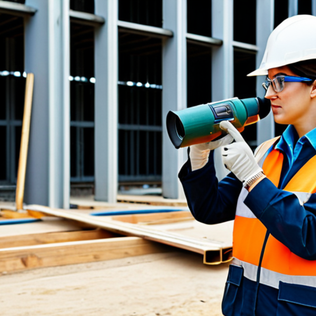 **

A professional environmental consultant, fully clothed in appropriate attire, inspecting noise levels at a construction site. She is wearing safety glasses and holding a sound level meter. Background includes construction equipment and a partially built structure. Perfect anatomy, correct proportions, natural pose, well-formed hands, proper finger count. Safe for work, appropriate content, modest, professional photograph, high quality.

**