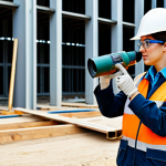 **

A professional environmental consultant, fully clothed in appropriate attire, inspecting noise levels at a construction site. She is wearing safety glasses and holding a sound level meter. Background includes construction equipment and a partially built structure. Perfect anatomy, correct proportions, natural pose, well-formed hands, proper finger count. Safe for work, appropriate content, modest, professional photograph, high quality.

**