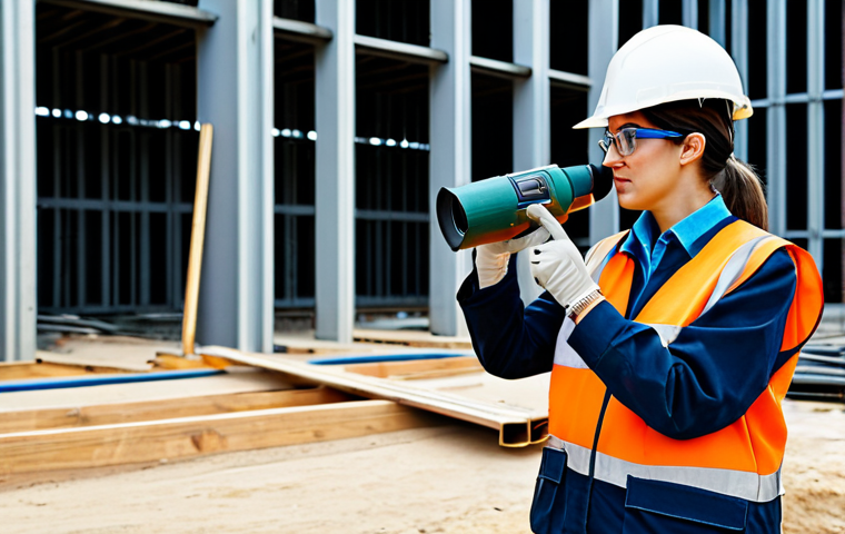 **

A professional environmental consultant, fully clothed in appropriate attire, inspecting noise levels at a construction site. She is wearing safety glasses and holding a sound level meter. Background includes construction equipment and a partially built structure. Perfect anatomy, correct proportions, natural pose, well-formed hands, proper finger count. Safe for work, appropriate content, modest, professional photograph, high quality.

**